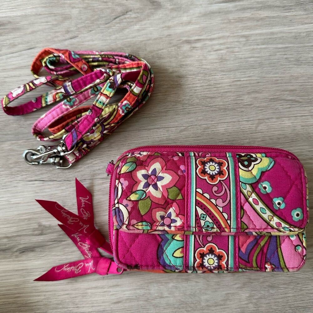 Vera Bradley Pink Swirls Pattern Zip Around Wallet Detachable Crossbody Strap